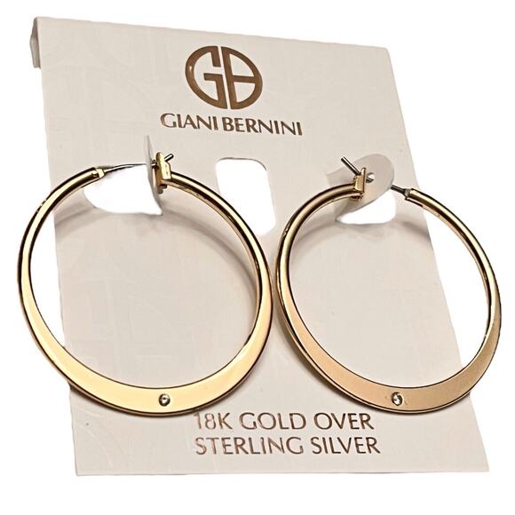 NEW Giani Bernini 18k Gold Over Sterling FLAT HOOP EARRINGS 1.5" Crystal Accents - Picture 1 of 4
